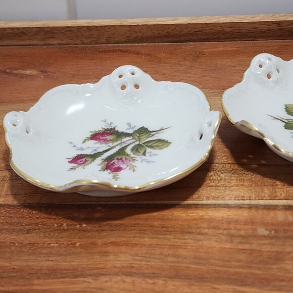 2 Rosenthal Germany Moss Rose Dish 4" pierced gold rim bowl nuts candy dipping f - Picture 6 of 12